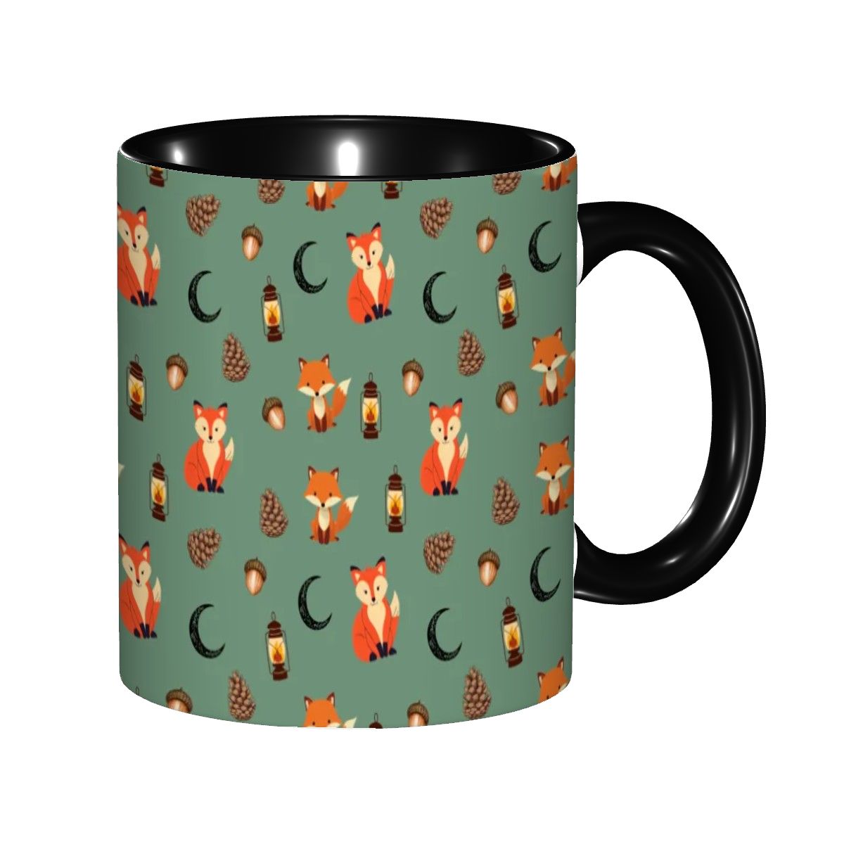Foxlight Trail 11oz Mug – Whimsical Fox & Forest Lanterns on Muted Green | Woodland Coffee Cup by Rabbit Haven