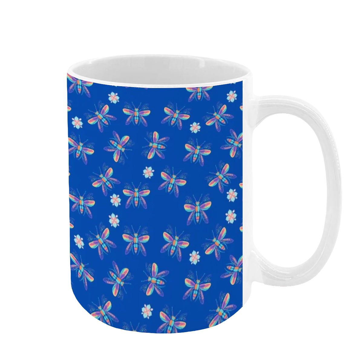 “Iridescent Flight” 15oz Mug – Dragonfly Print, Blue Background, Large Coffee Cup, Whimsical Nature Gift