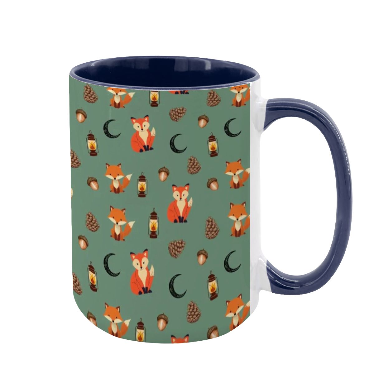 "Foxlight Trail" 15oz Mug – Whimsical Fox & Forest Lanterns on Muted Green | Woodland Coffee Cup by Rabbit Haven