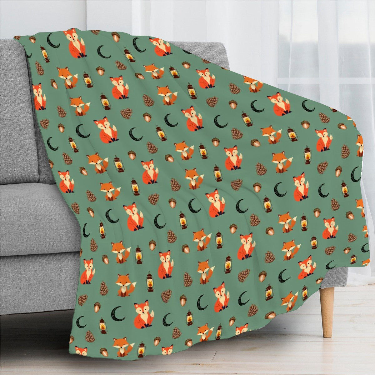"Foxlight Trail" Forest Blanket – Whimsical Foxes & Lanterns on Muted Green