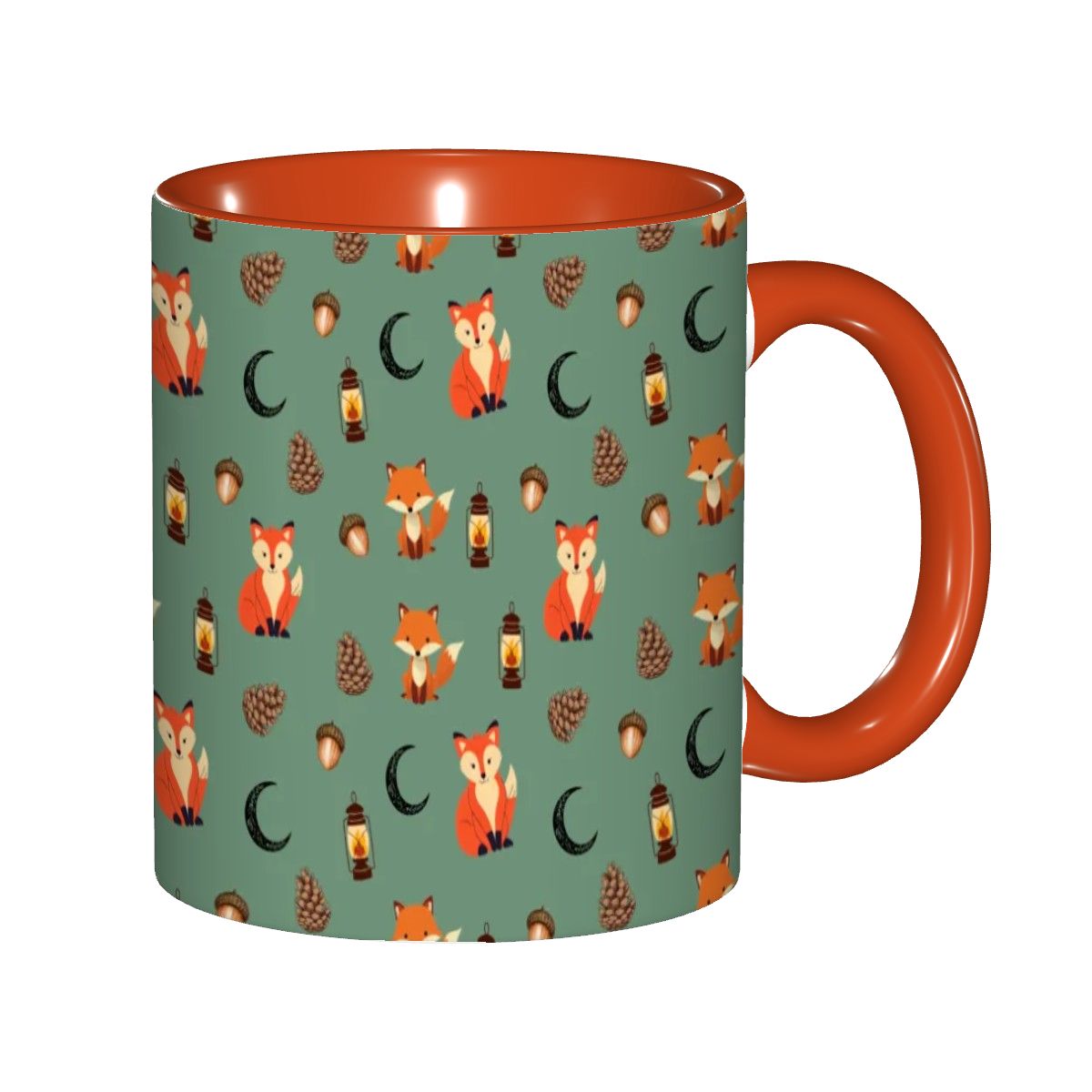 Foxlight Trail 11oz Mug – Whimsical Fox & Forest Lanterns on Muted Green | Woodland Coffee Cup by Rabbit Haven