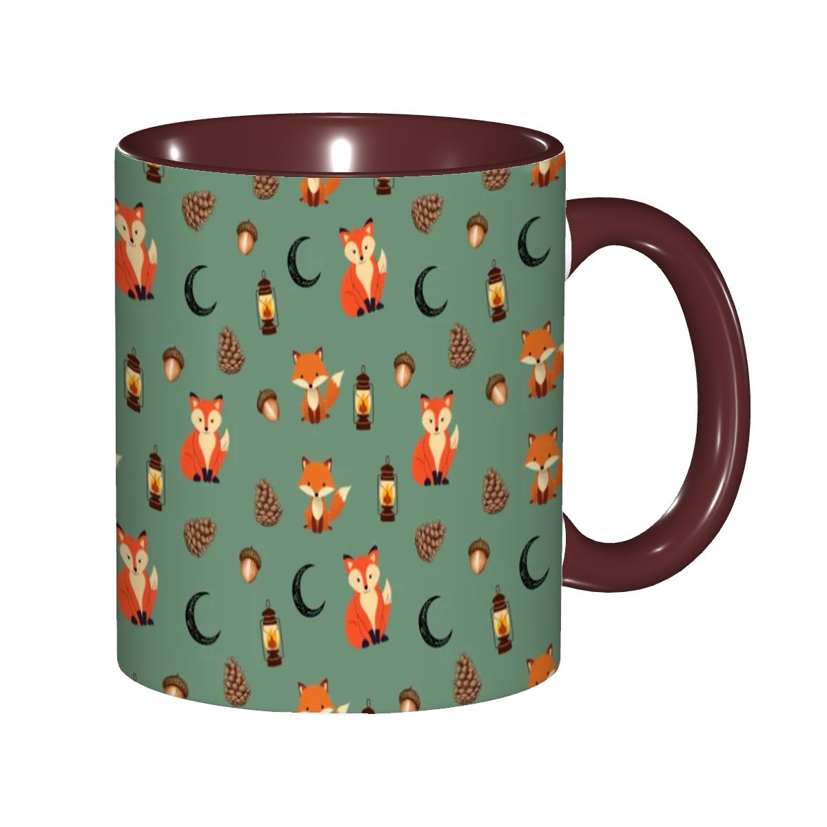 Foxlight Trail 11oz Mug – Whimsical Fox & Forest Lanterns on Muted Green | Woodland Coffee Cup by Rabbit Haven