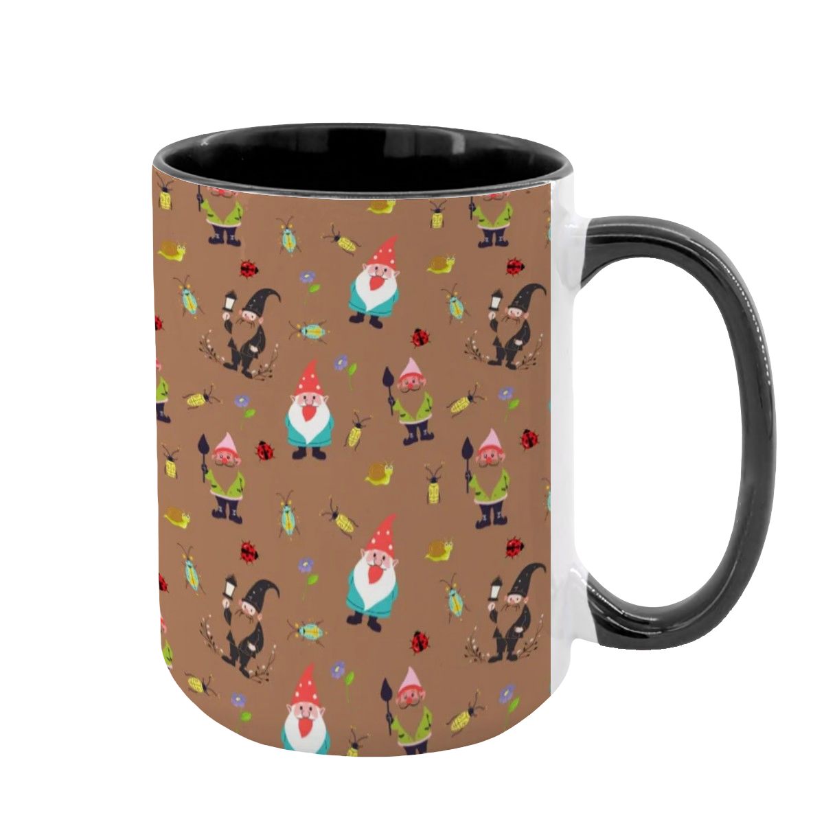 “Gnome Trails” 15oz Mug – Whimsical Gnome Pattern, Large Coffee Cup, Brown Background, Woodland Forest Gift