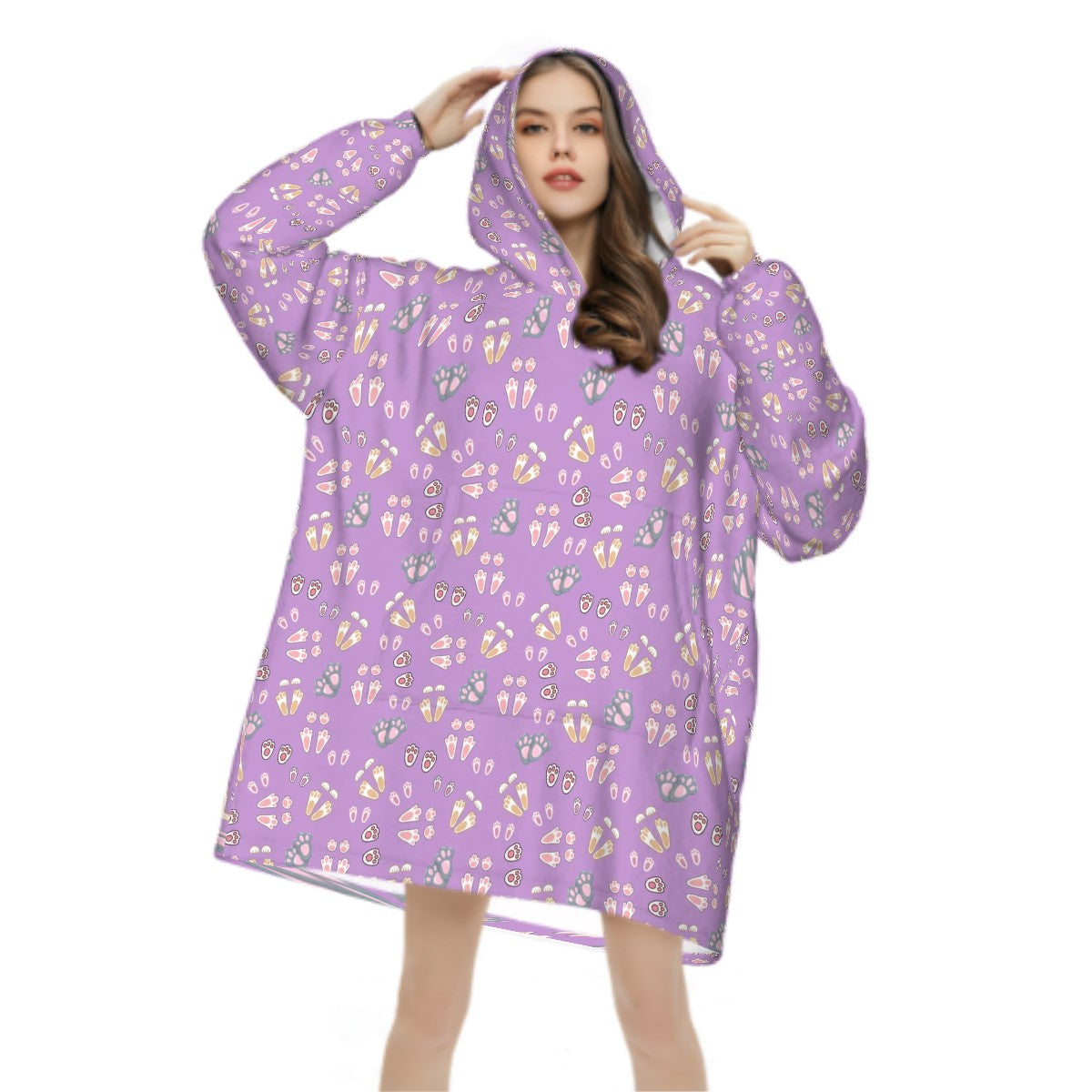 "Bunny Tracks" Adult Blanket Hoodie – Lavender Background, Cute Rabbit Footprint Print