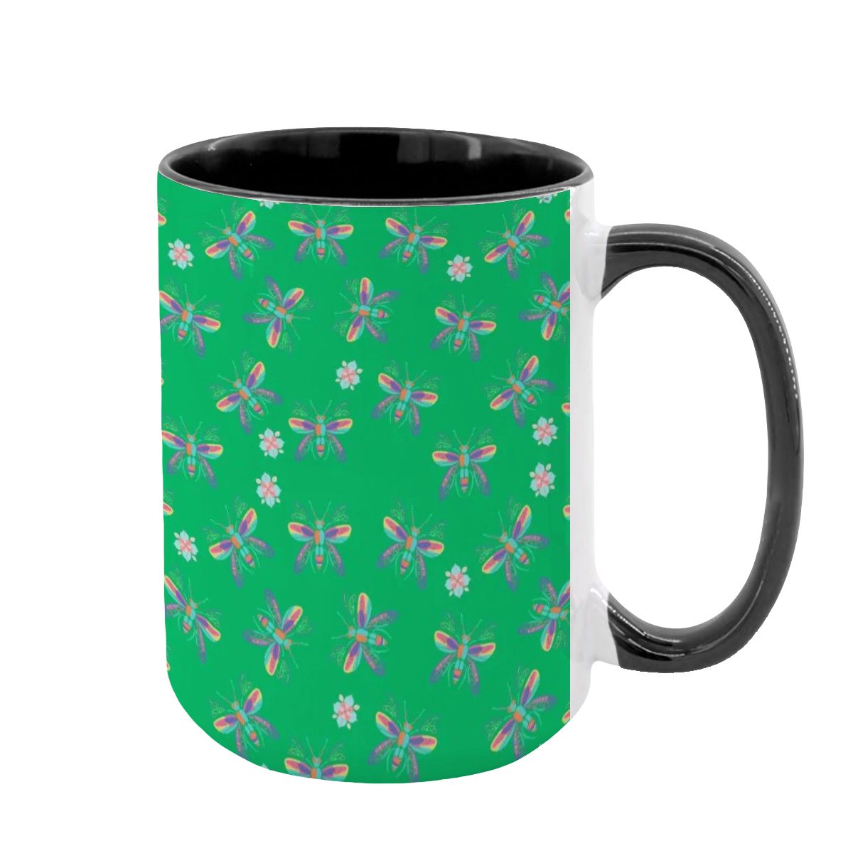 “Iridescent Flight” 15oz Mug – Dragonfly Print, Green Background, Large Coffee Cup, Whimsical Nature Gift