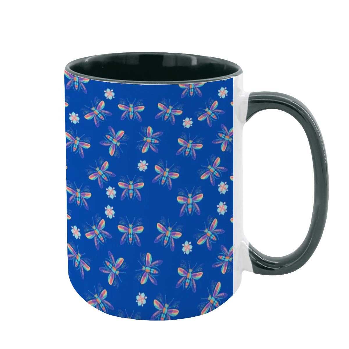“Iridescent Flight” 15oz Mug – Dragonfly Print, Blue Background, Large Coffee Cup, Whimsical Nature Gift