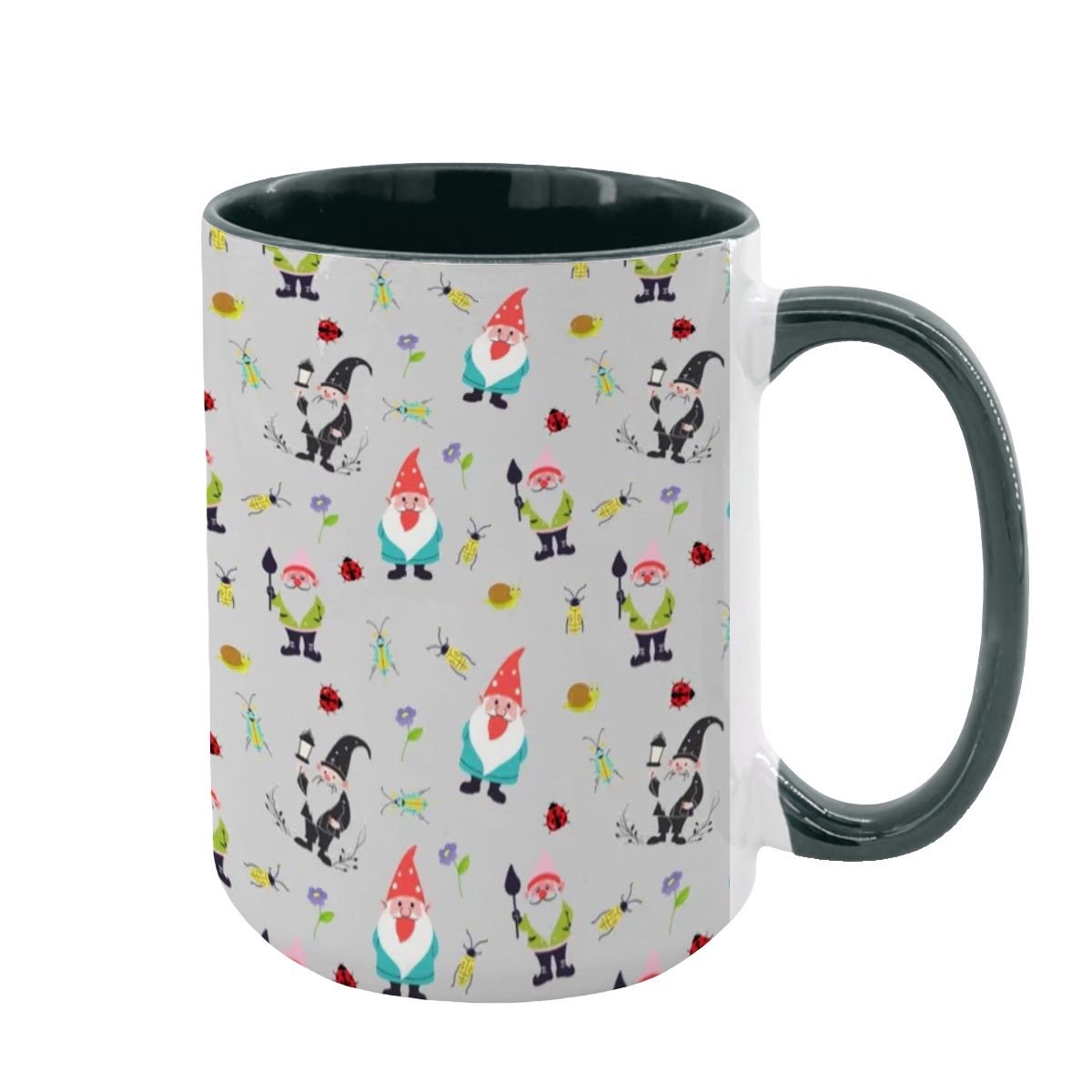 “Gnome Trails” 15oz Mug – Whimsical Gnome Pattern, Large Coffee Cup, Grey Background, Woodland Forest Gift