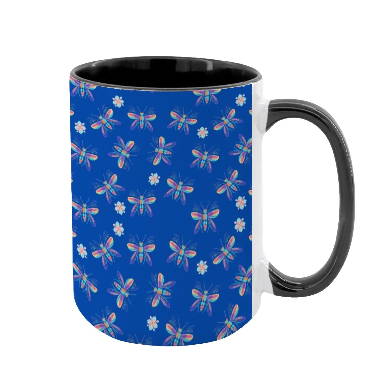 “Iridescent Flight” 15oz Mug – Dragonfly Print, Blue Background, Large Coffee Cup, Whimsical Nature Gift