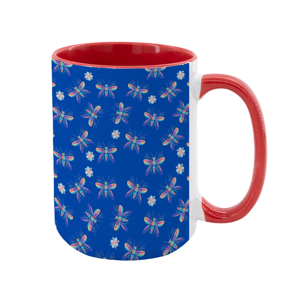 “Iridescent Flight” 15oz Mug – Dragonfly Print, Blue Background, Large Coffee Cup, Whimsical Nature Gift
