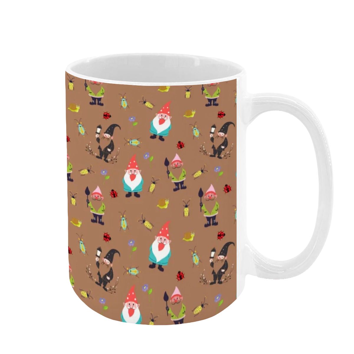 “Gnome Trails” 15oz Mug – Whimsical Gnome Pattern, Large Coffee Cup, Brown Background, Woodland Forest Gift