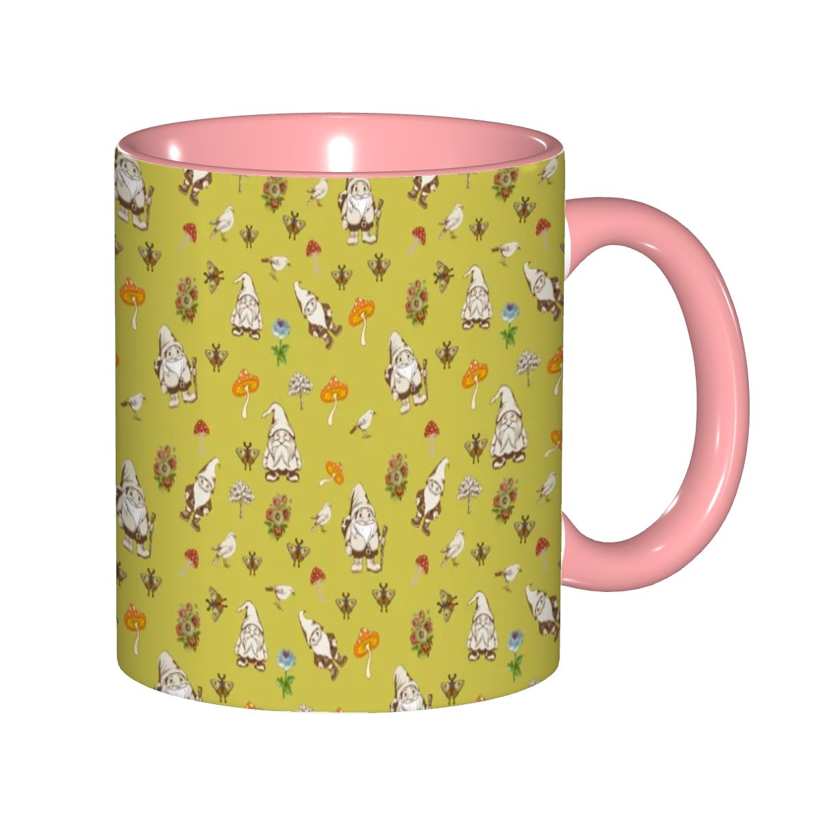 "Forest Folk, Olive Yellow" 11oz Mushroom and Gnome Mug - Rabbit Haven