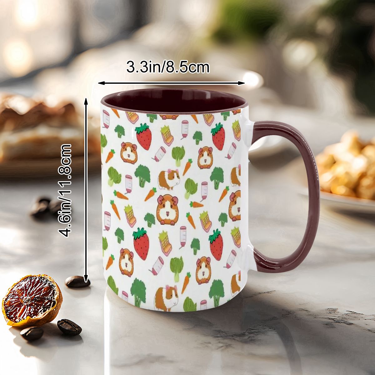 “Guinea Pig Picnic” 15oz Mug – Cute Guinea Pig, Veggies & Feeding Dishes Pattern, Large Coffee Cup, Pet Lover Gift