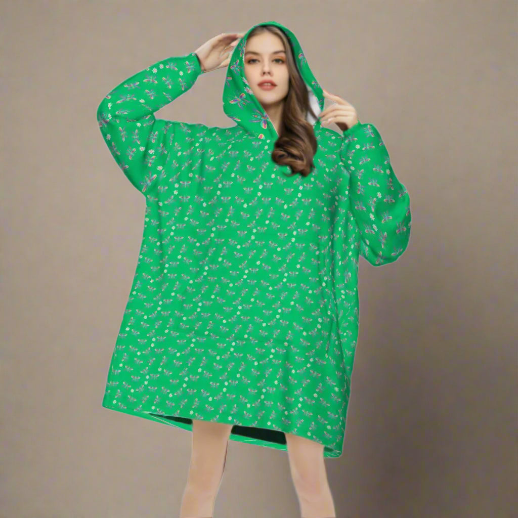 "Iridescent Flight" Green Blanket Hoodie – Cozy Whimsical Loungewear with Dragonflies