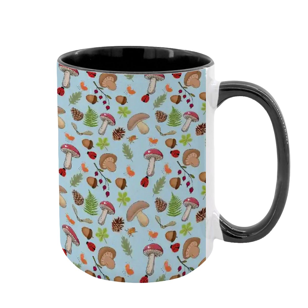 “Forest Floor” 15oz Mug – Blue Background, Mushrooms, Insects, Acorns, Leaves & Ferns, Woodland Nature Coffee Cup