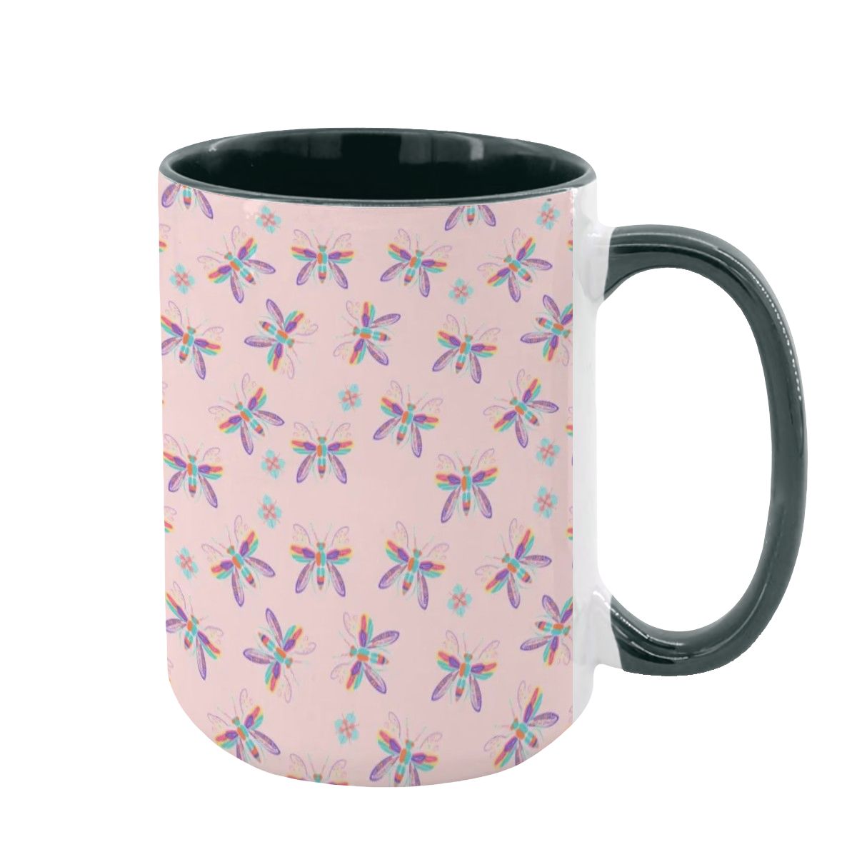 “Iridescent Flight” 15oz Mug – Dragonfly Print, Pink Background, Large Coffee Cup, Whimsical Nature Gift