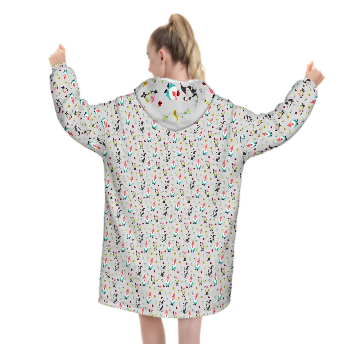 "Gnome Trails" Grey Blanket Hoodie – Cozy Whimsical Loungewear with Gnomes
