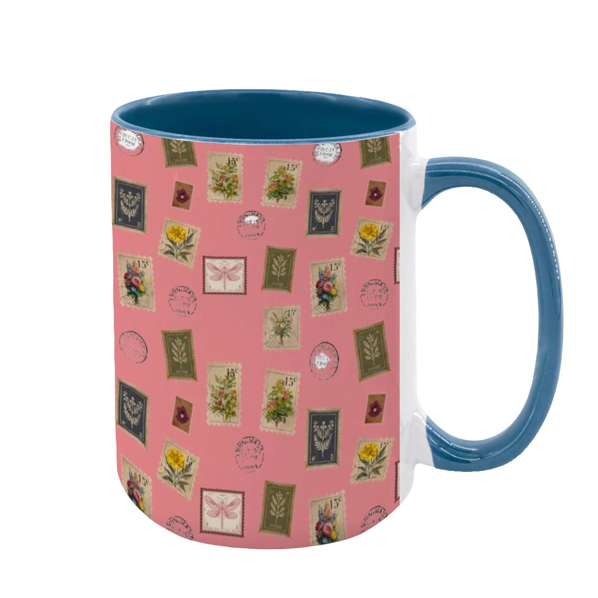 "Garden Postage" 15oz Mug – Vintage Botanical Stamp Print on Pastel Rose | Large Floral Coffee Cup by Rabbit Haven