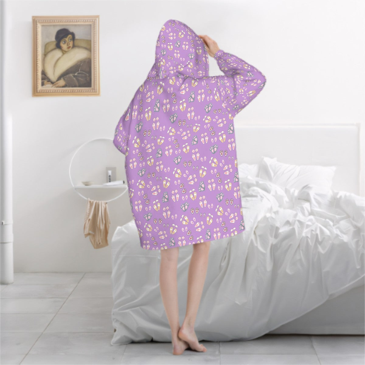 "Bunny Tracks" Adult Blanket Hoodie – Lavender Background, Cute Rabbit Footprint Print