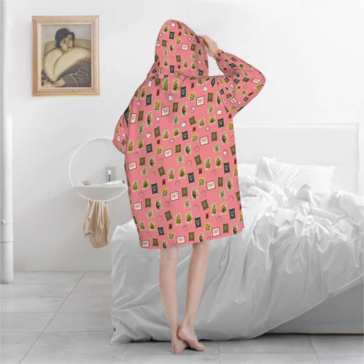 "Garden Postage" Adult Blanket Hoodie – Pastel Rose Background, Cozy Floral Stamp Print