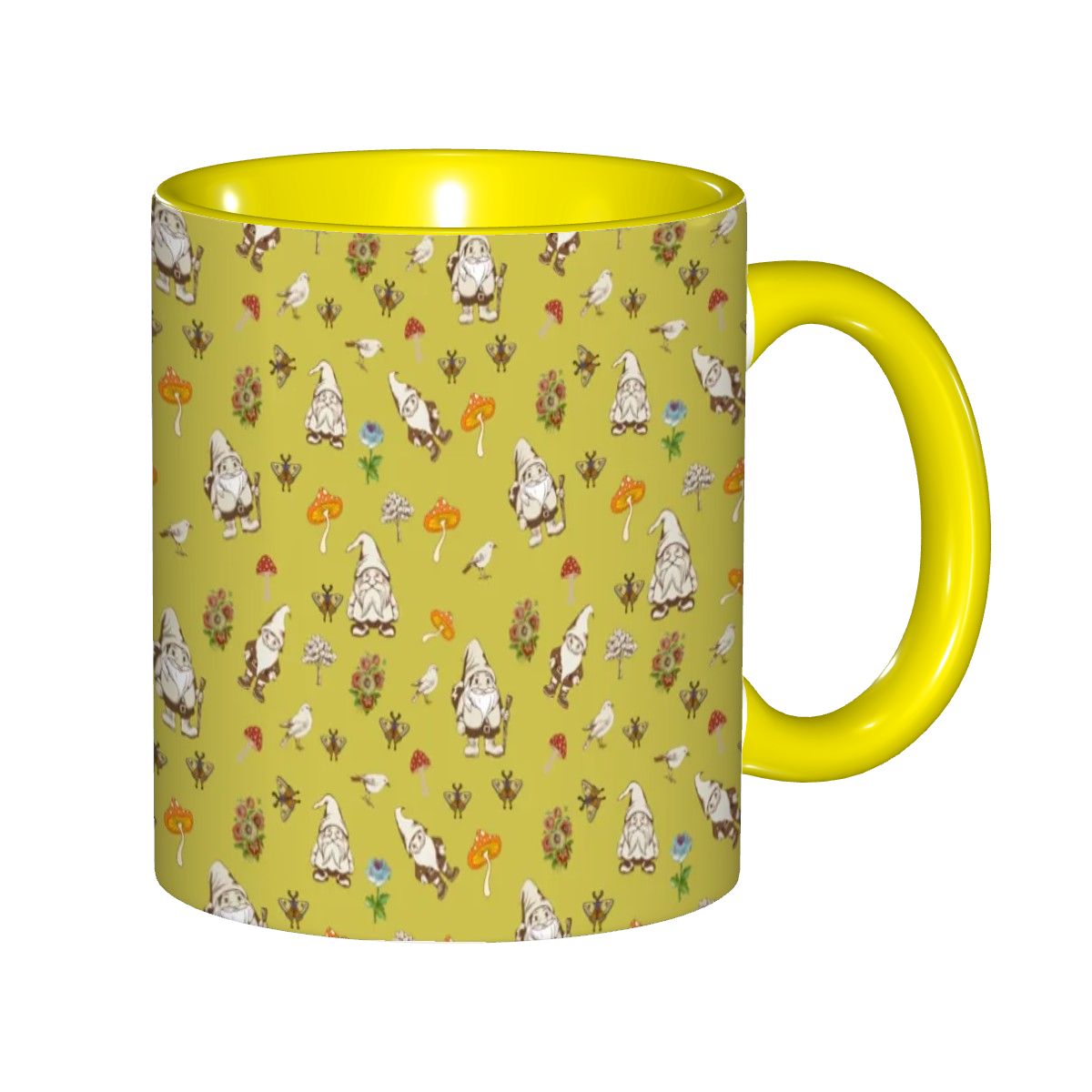 "Forest Folk, Olive Yellow" 11oz Mushroom and Gnome Mug - Rabbit Haven