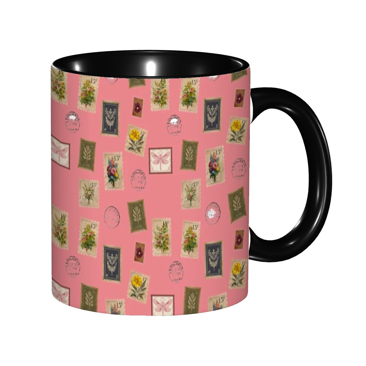 "Garden Postage"11oz Mug – Vintage Botanical Stamp Print on Pastel Rose | Floral Coffee Cup by Rabbit Haven