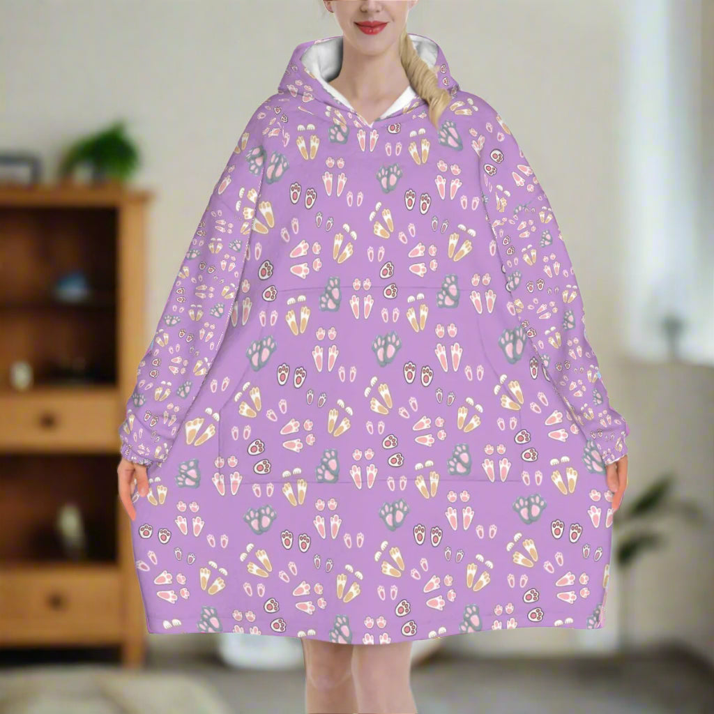 "Bunny Tracks" Adult Blanket Hoodie – Lavender Background, Cute Rabbit Footprint Print