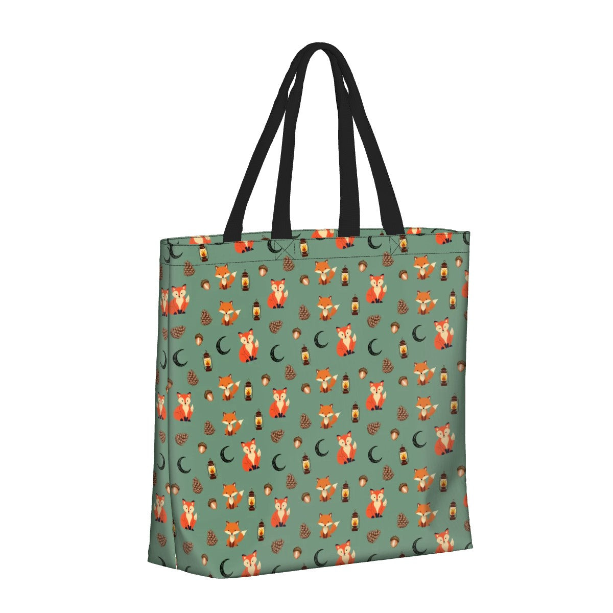 "Foxlight Trail" Shoulder Bag – Whimsical Foxes & Lanterns on Muted Forest Green | Woodland Market Bag by Rabbit Haven