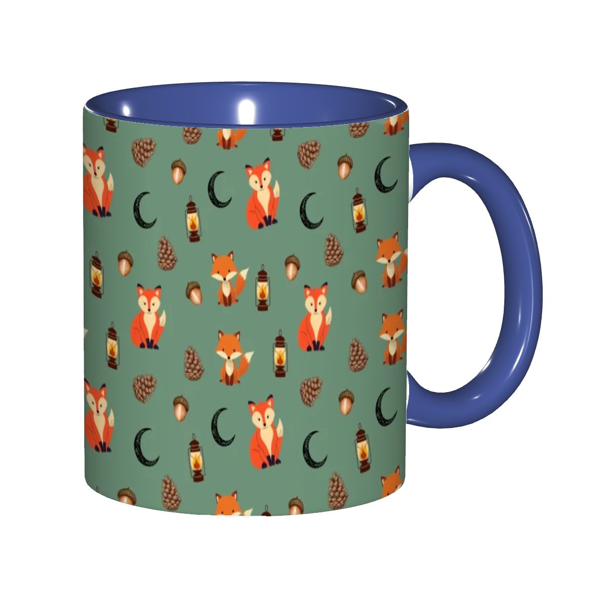 Foxlight Trail 11oz Mug – Whimsical Fox & Forest Lanterns on Muted Green | Woodland Coffee Cup by Rabbit Haven