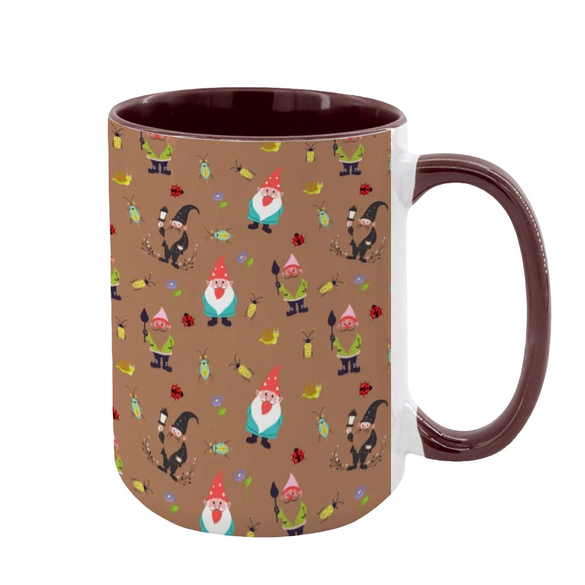 “Gnome Trails” 15oz Mug – Whimsical Gnome Pattern, Large Coffee Cup, Brown Background, Woodland Forest Gift