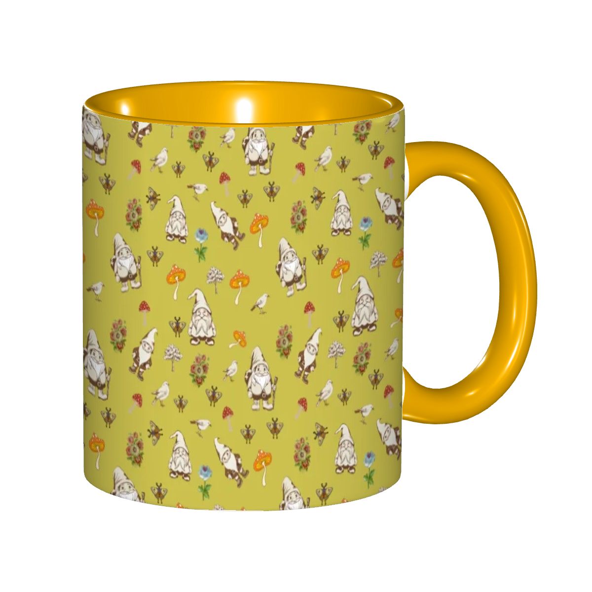 "Forest Folk, Olive Yellow" 11oz Mushroom and Gnome Mug - Rabbit Haven