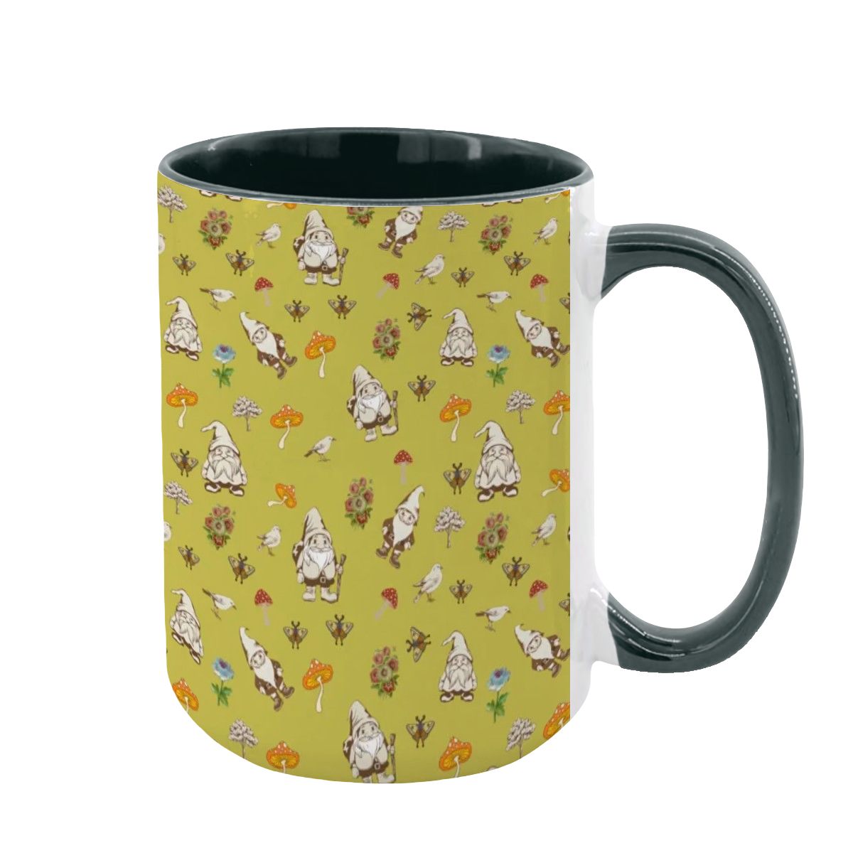 "Forest Folk, Olive Yellow" 15oz Mushroom and Gnome Mug - Rabbit Haven