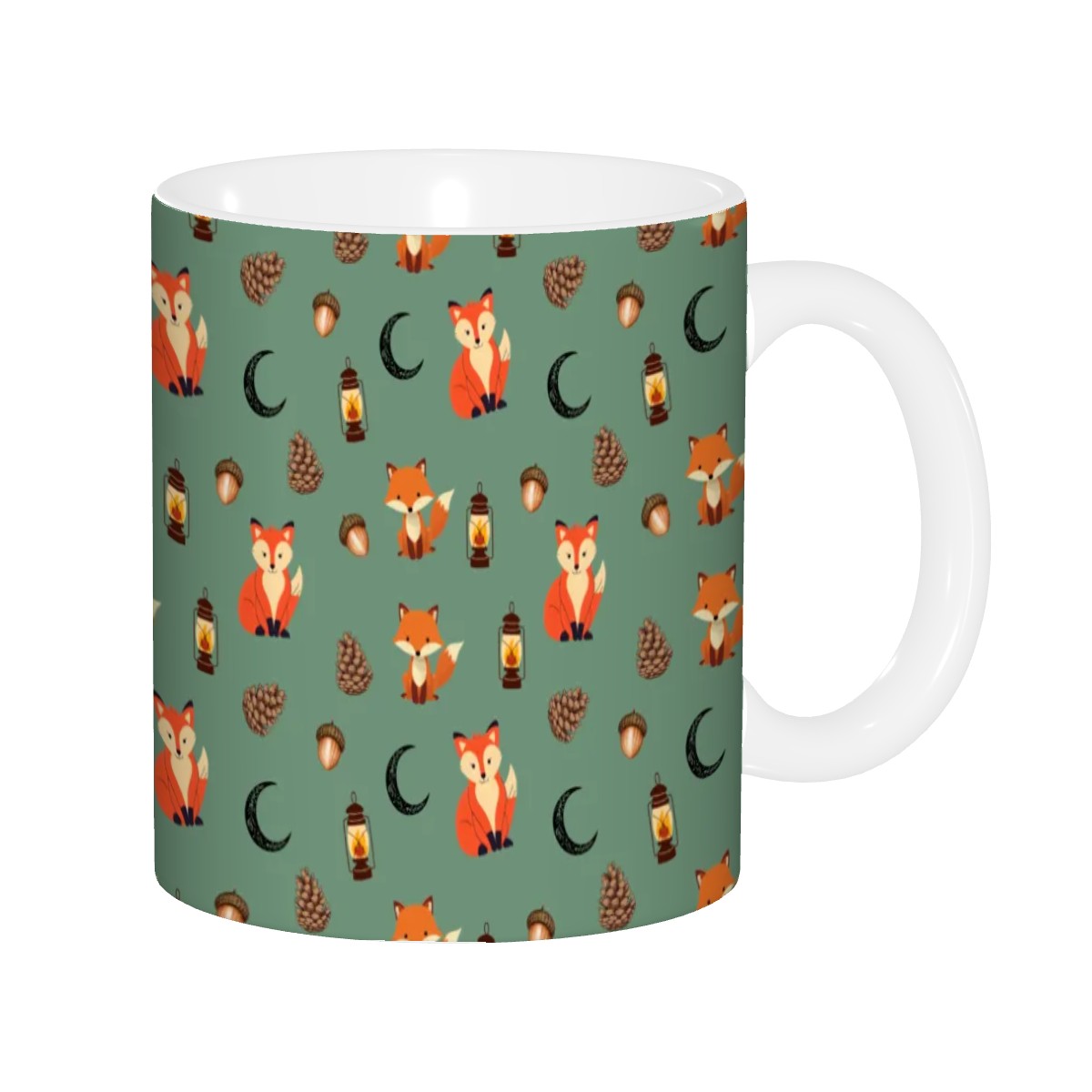 Foxlight Trail 11oz Mug – Whimsical Fox & Forest Lanterns on Muted Green | Woodland Coffee Cup by Rabbit Haven