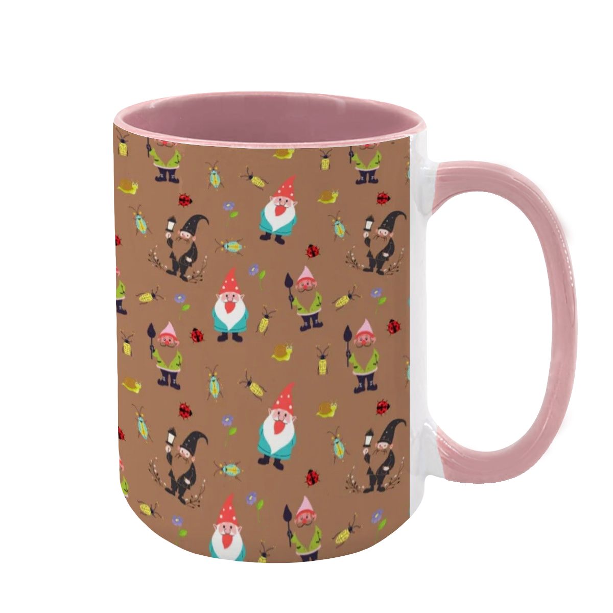 “Gnome Trails” 15oz Mug – Whimsical Gnome Pattern, Large Coffee Cup, Brown Background, Woodland Forest Gift