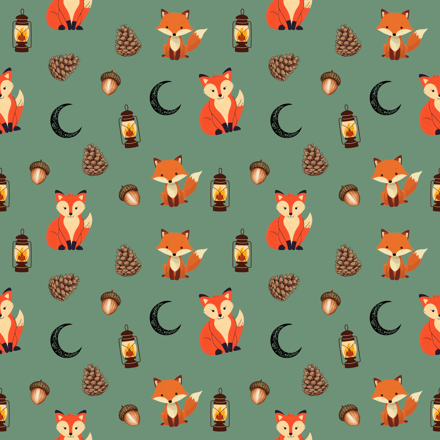 "Foxlight Trail" Forest Blanket – Whimsical Foxes & Lanterns on Muted Green