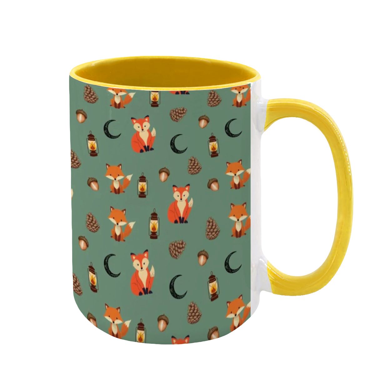 "Foxlight Trail" 15oz Mug – Whimsical Fox & Forest Lanterns on Muted Green | Woodland Coffee Cup by Rabbit Haven
