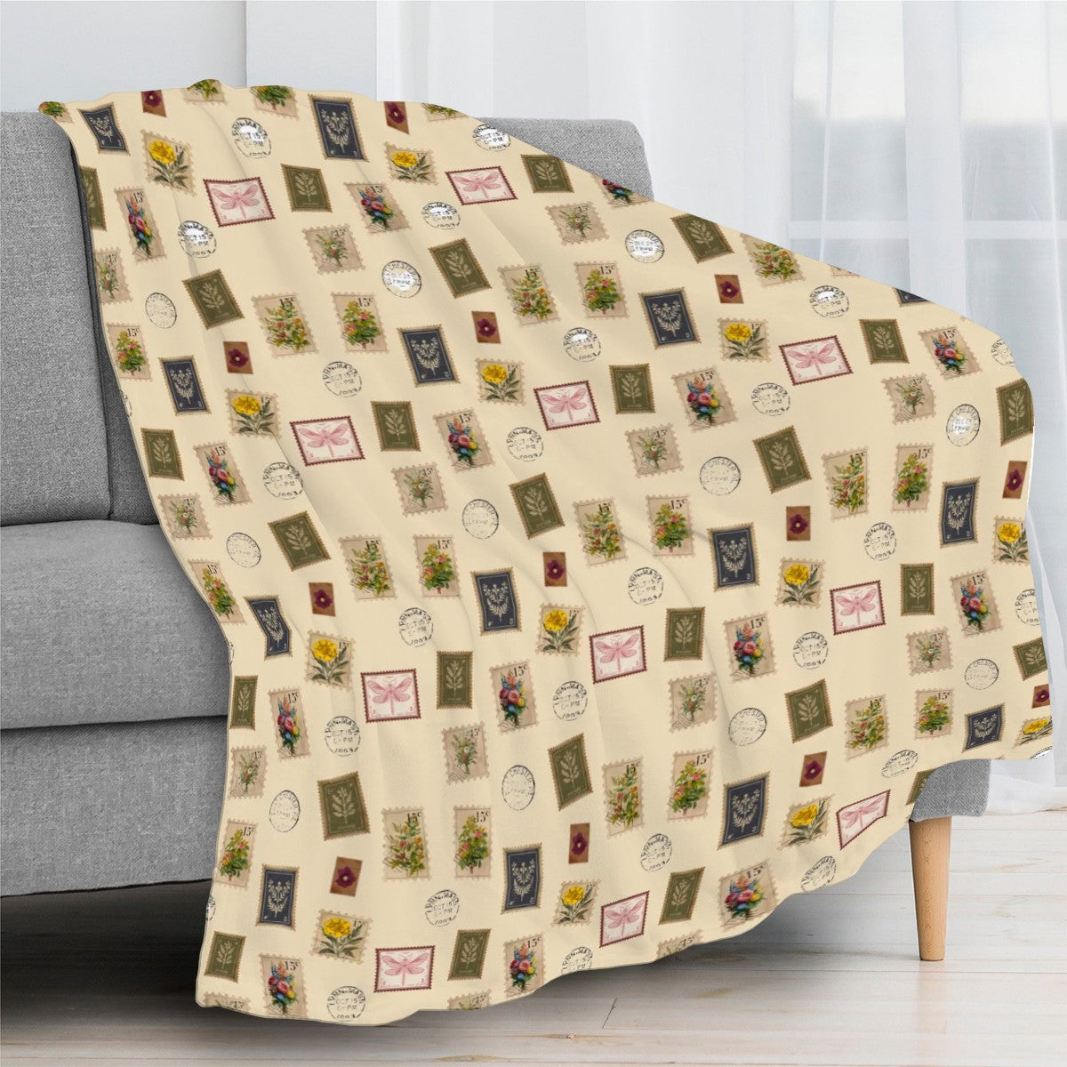 'Garden Postage" Blanket – Vintage Botanical Stamps on Cream | Cozy Floral Throw by Rabbit Haven