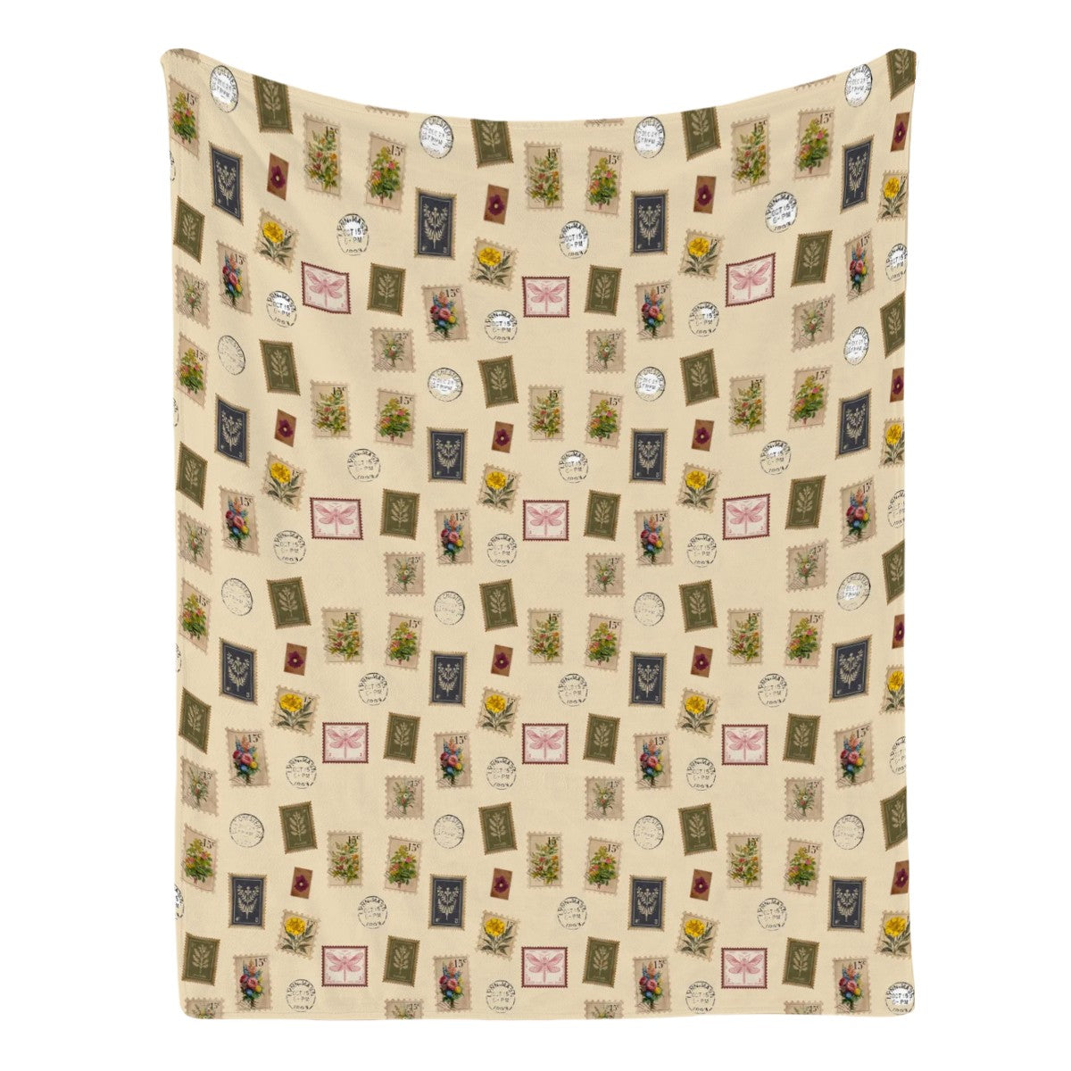 'Garden Postage" Blanket – Vintage Botanical Stamps on Cream | Cozy Floral Throw by Rabbit Haven