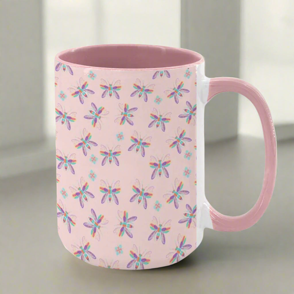 “Iridescent Flight” 15oz Mug – Dragonfly Print, Pink Background, Large Coffee Cup, Whimsical Nature Gift