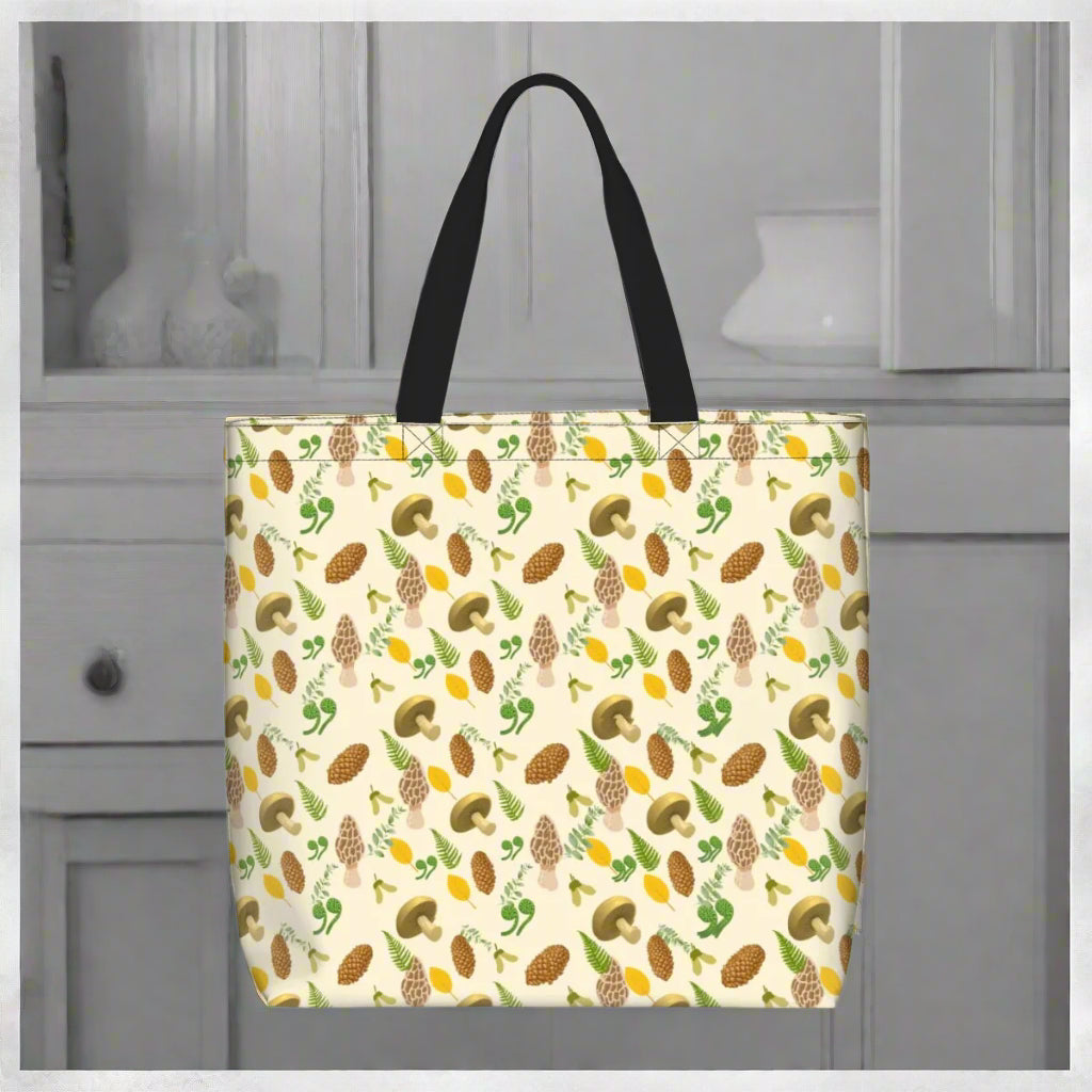 "Forest Forager" Shoulder Bag – Mushroom & Pinecone All Over Print Nature Bag