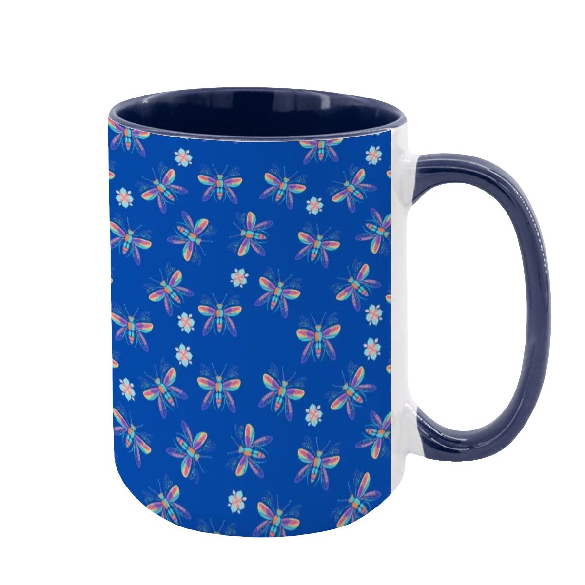 “Iridescent Flight” 15oz Mug – Dragonfly Print, Blue Background, Large Coffee Cup, Whimsical Nature Gift