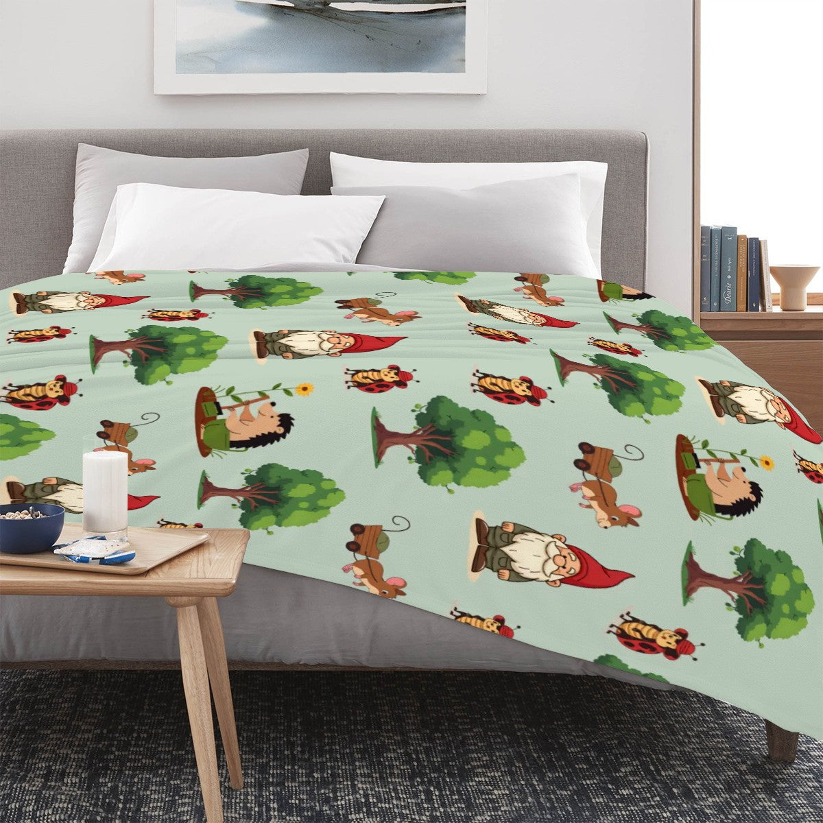 Gnome Folk & Friends Sage Green Blanket – Cozy Gnomes & Woodland Animals