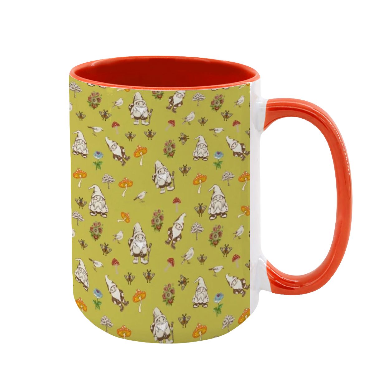 "Forest Folk, Olive Yellow" 15oz Mushroom and Gnome Mug - Rabbit Haven