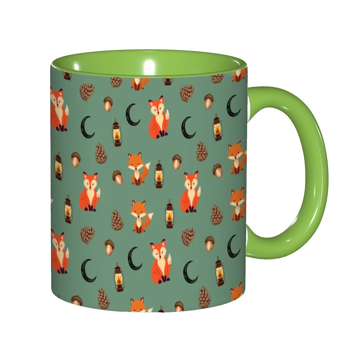 Foxlight Trail 11oz Mug – Whimsical Fox & Forest Lanterns on Muted Green | Woodland Coffee Cup by Rabbit Haven