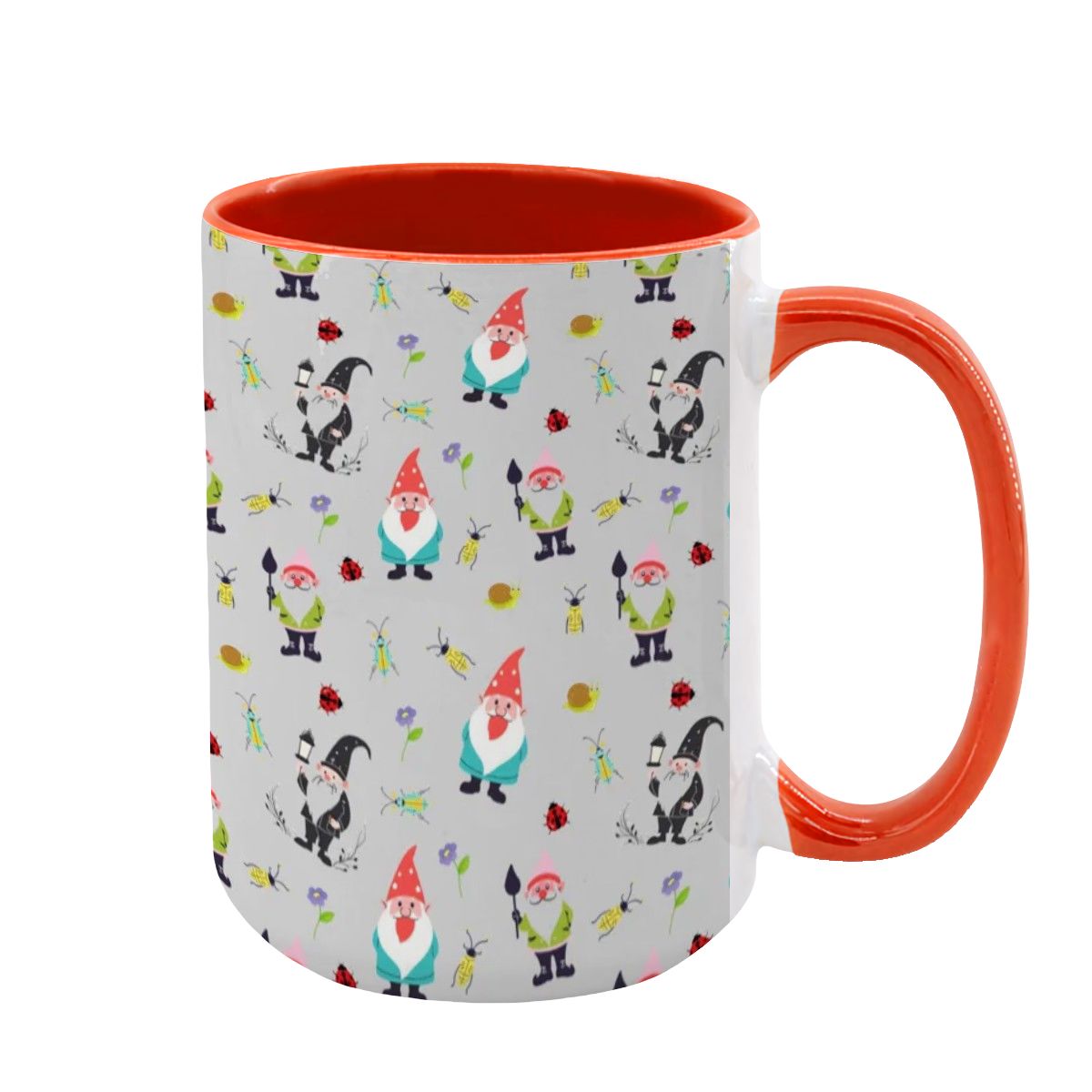 “Gnome Trails” 15oz Mug – Whimsical Gnome Pattern, Large Coffee Cup, Grey Background, Woodland Forest Gift