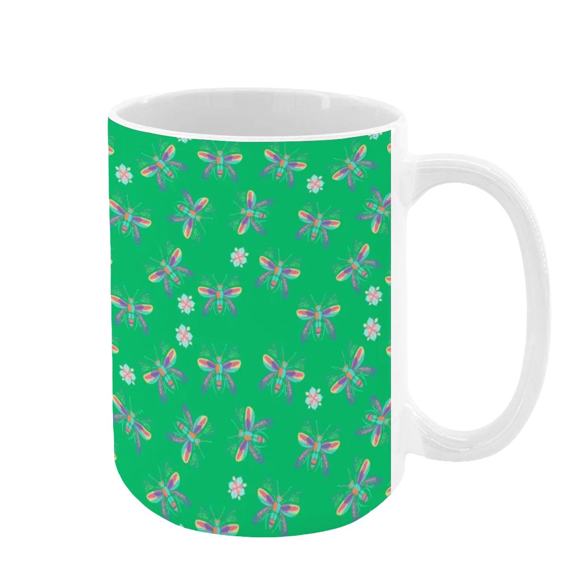 “Iridescent Flight” 15oz Mug – Dragonfly Print, Green Background, Large Coffee Cup, Whimsical Nature Gift