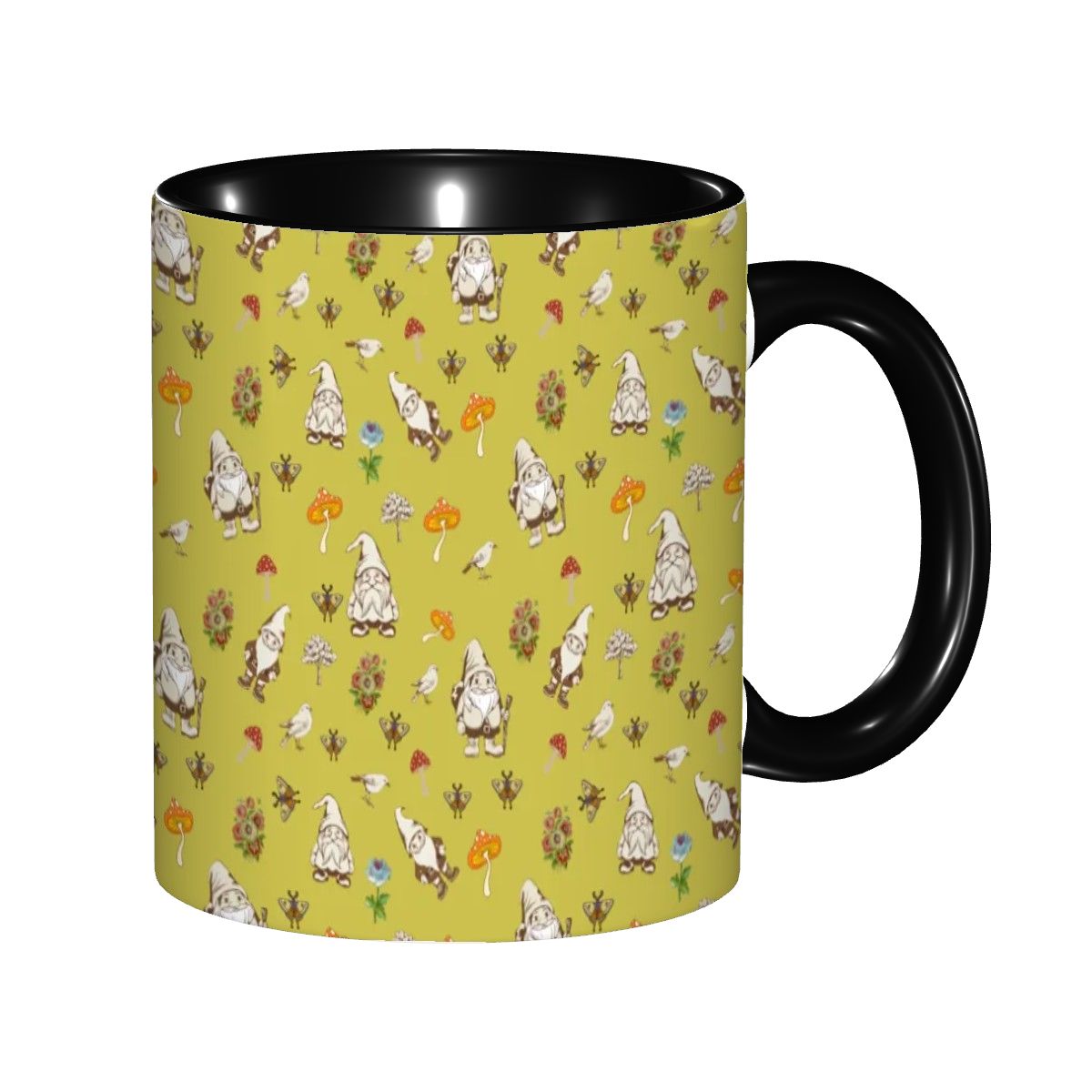 "Forest Folk, Olive Yellow" 11oz Mushroom and Gnome Mug - Rabbit Haven