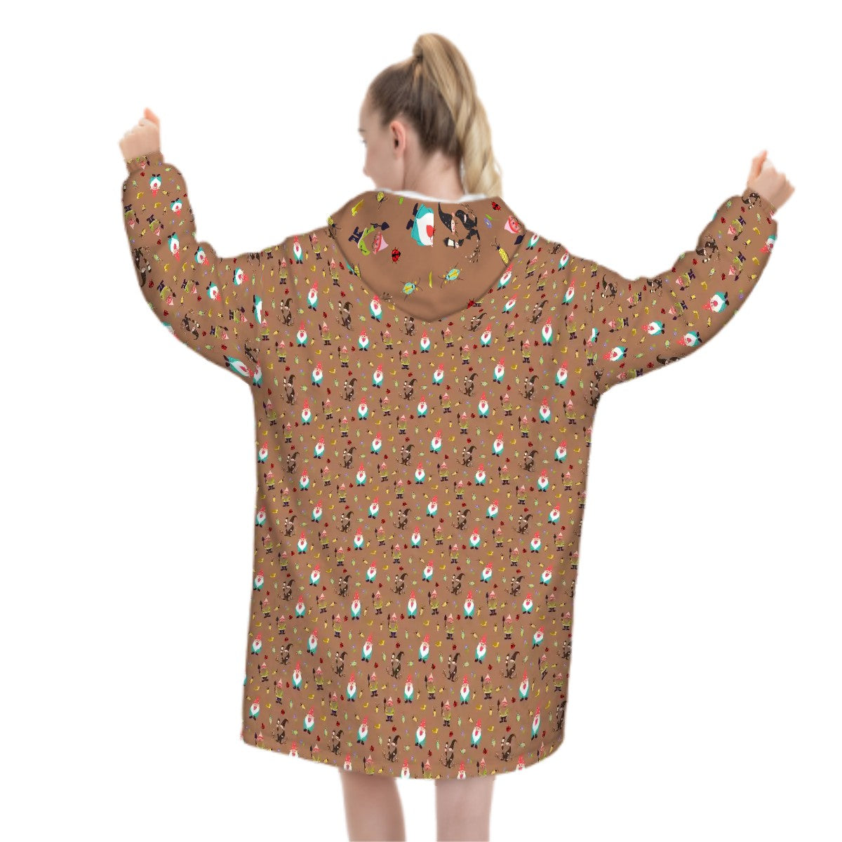 "Gnome Trails" Brown Blanket Hoodie – Cozy Whimsical Loungewear with Gnomes