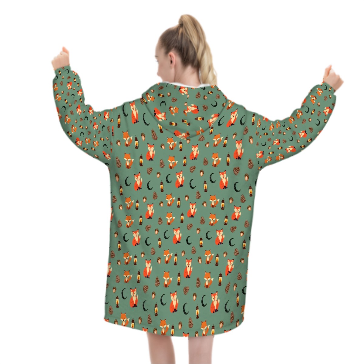 Foxlight Trail Blanket Hoodie – Woodland Foxes, Lanterns & Pinecones on Forest Green | Ultra-Soft Flannel, Cozy Loungewear for Nature Lovers