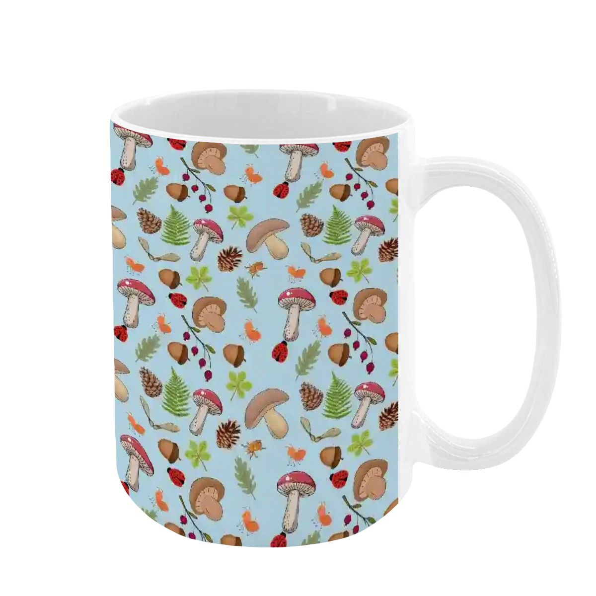 “Forest Floor” 15oz Mug – Blue Background, Mushrooms, Insects, Acorns, Leaves & Ferns, Woodland Nature Coffee Cup