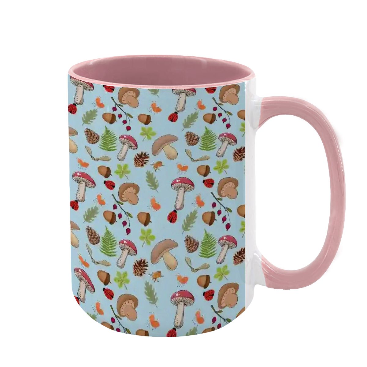 “Forest Floor” 15oz Mug – Blue Background, Mushrooms, Insects, Acorns, Leaves & Ferns, Woodland Nature Coffee Cup